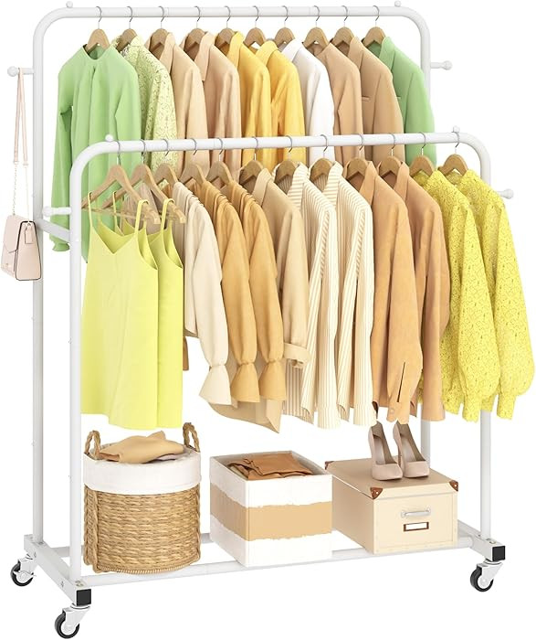 Laiensia Double Rods Garment Rack with Wheels, Clothing Rack for Hanging Clothes,4 Hooks, Multi-f... | Amazon (US)