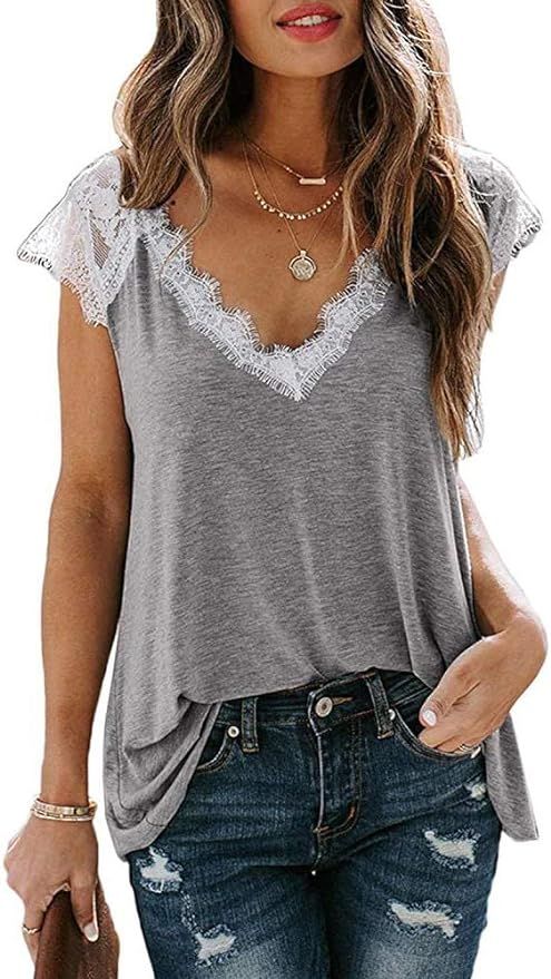 Womens Summer V Neck Lace Trim Patchwork Short Sleeve Tops Casual Loose Blouse T Shirts | Amazon (US)