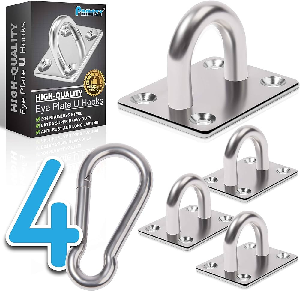 4 PCS M6 Premium Heavy Duty Square Stainless Steel Pad Eye Hooks + 4 Snap Hooks, 16 Screws With P... | Amazon (US)