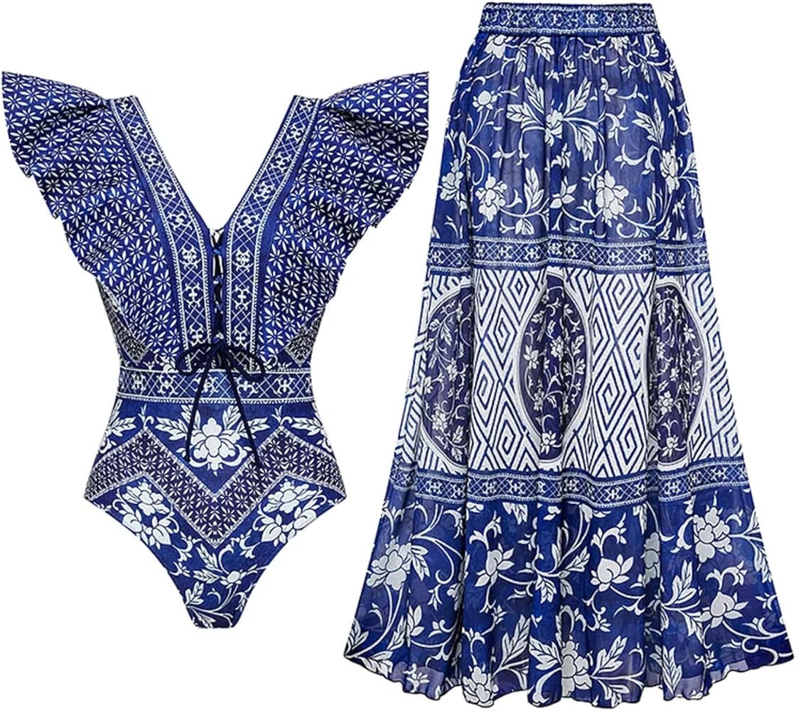FLAXMAKER V Neck Ruffle Printed One Piece Swimsuit and Skirt | Amazon (US)