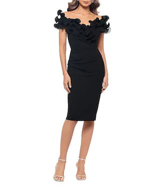 Scuba Crepe V-Neck Sleeveless Wire Ruffle Trim Ruched Back Dress | Dillard's