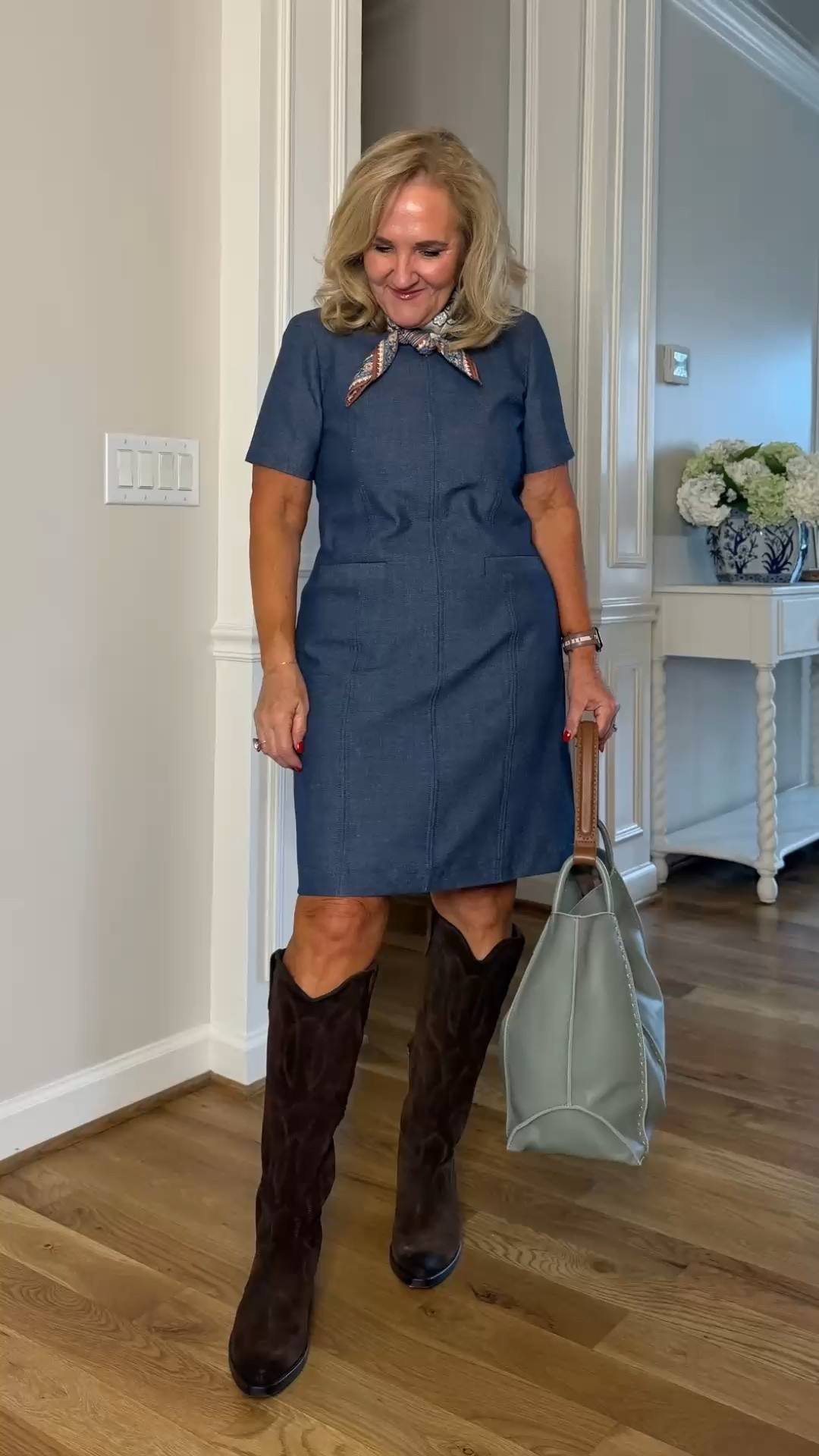This classic blue shift dress gets a stylish update with a printed neck scarf and tall brown boots. It’s polished, comfortable, and an easy outfit for fall days, work, or lunch.

💡 LTK MADE EASY
❤️ Heart = Support my posts!
🔖 Save = Get sale & restock alerts
📋 Lists = Keep favorites organized
📲 Share = Send lists and products to a friend. Hello, Christmas List!
💬 Comment = Ask me anything about what I'm wearing.:-)

#LTKdayinmylife #LTKgrwm #LTKootd