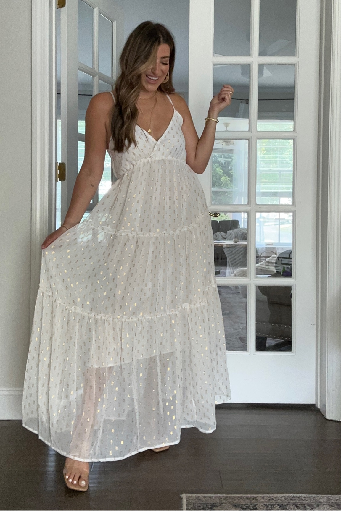 White summer dress with gold. Adjustable back. Size down. Use code LAUREN10 for 10% off!

#LTKsalealert #LTKSeasonal #LTKshoecrush