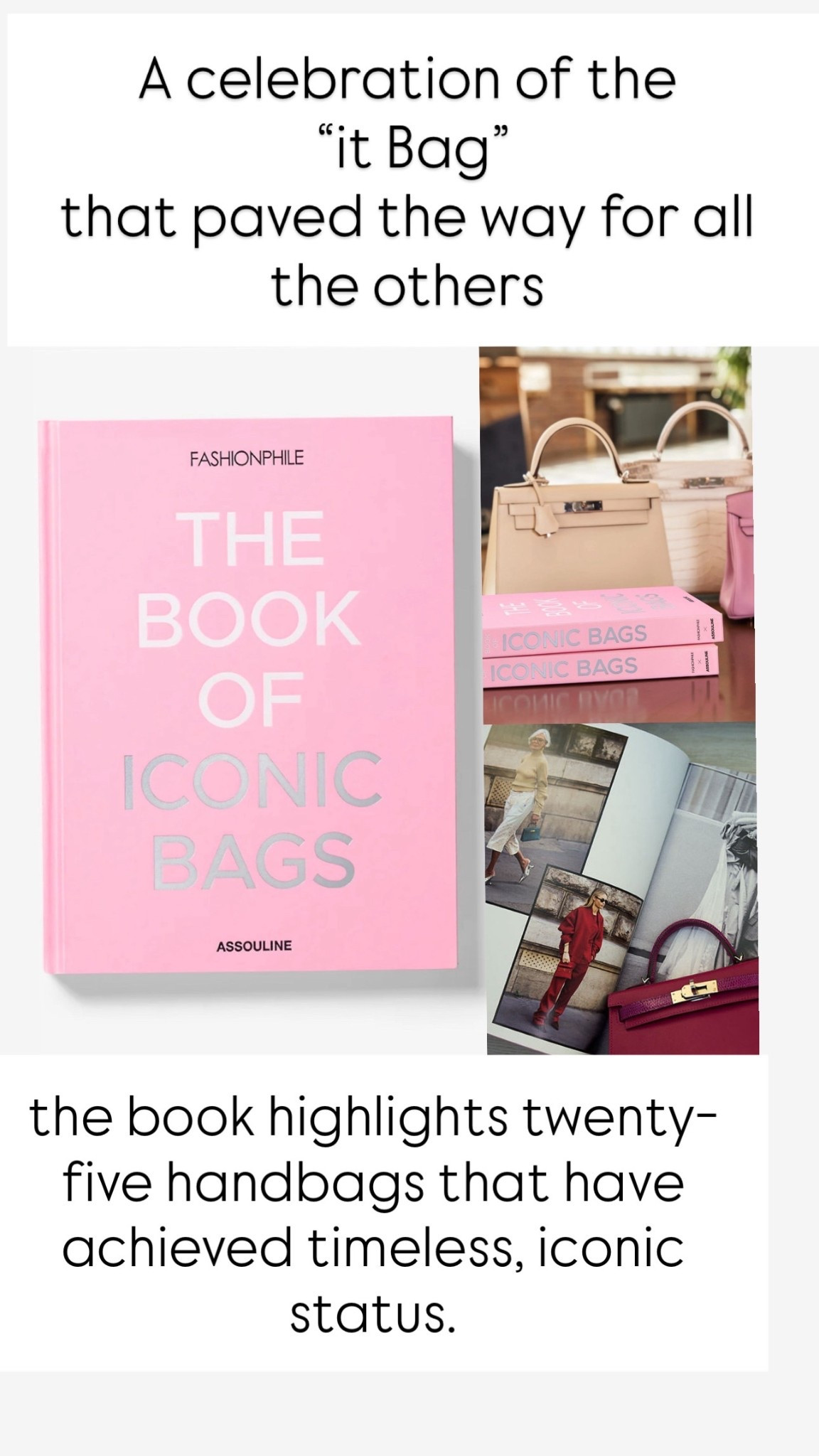 the book highlights twenty-five handbags that have achieved timeless, iconic status. Featuring 25 “ it bags” that have laced the ay for al the others. Greta for the handbag collector, enthusiast, simply for fashion lovers 
.The perfect coffee table accessory. 

#LTKItBag