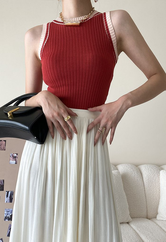Two-Tone Ribbed Knit Tank Top in Rust Red | Chicwish