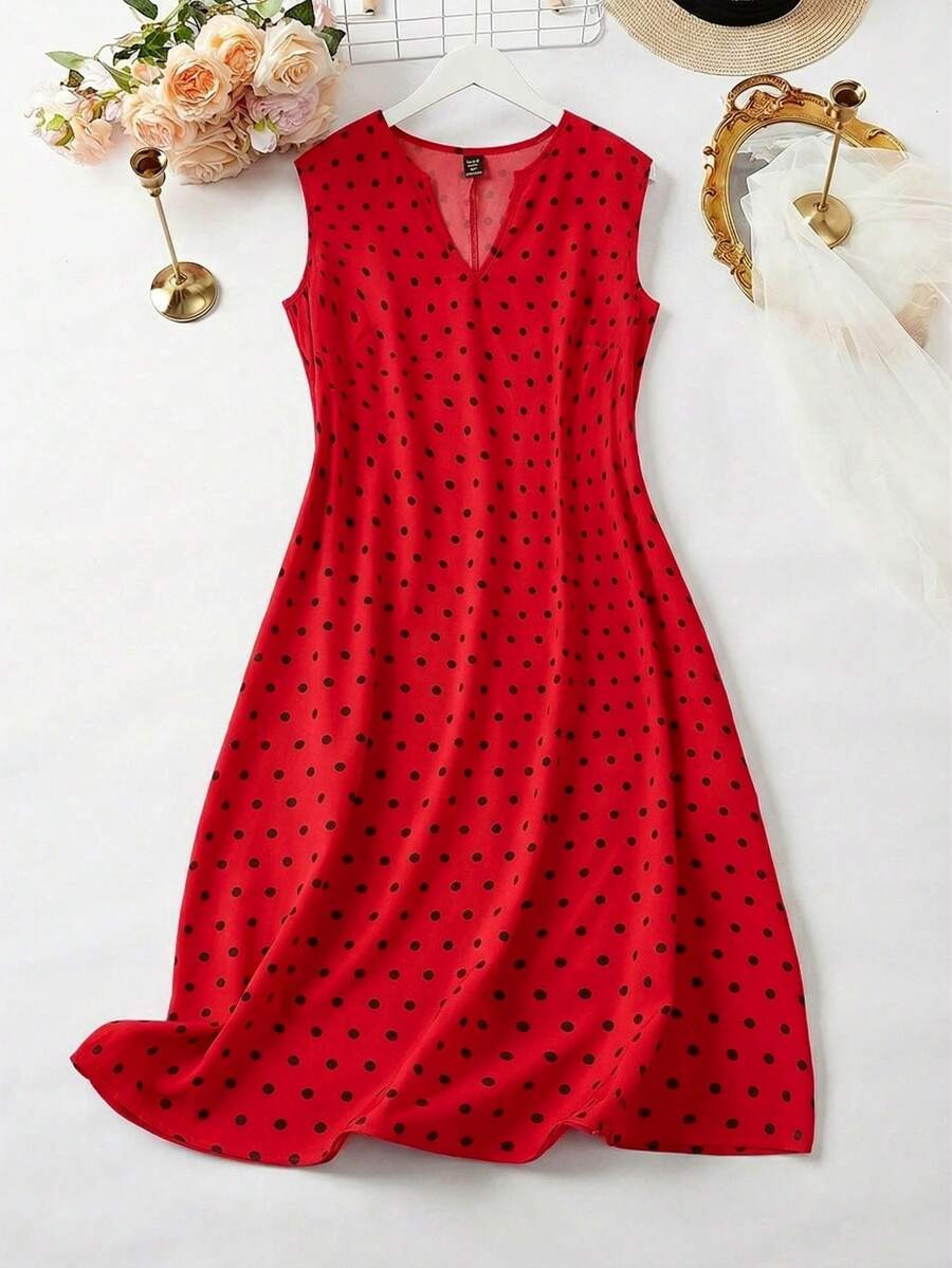 SHEIN LUNE Plus Size Sleeveless Polka Dot Pocket Dress | SHEIN