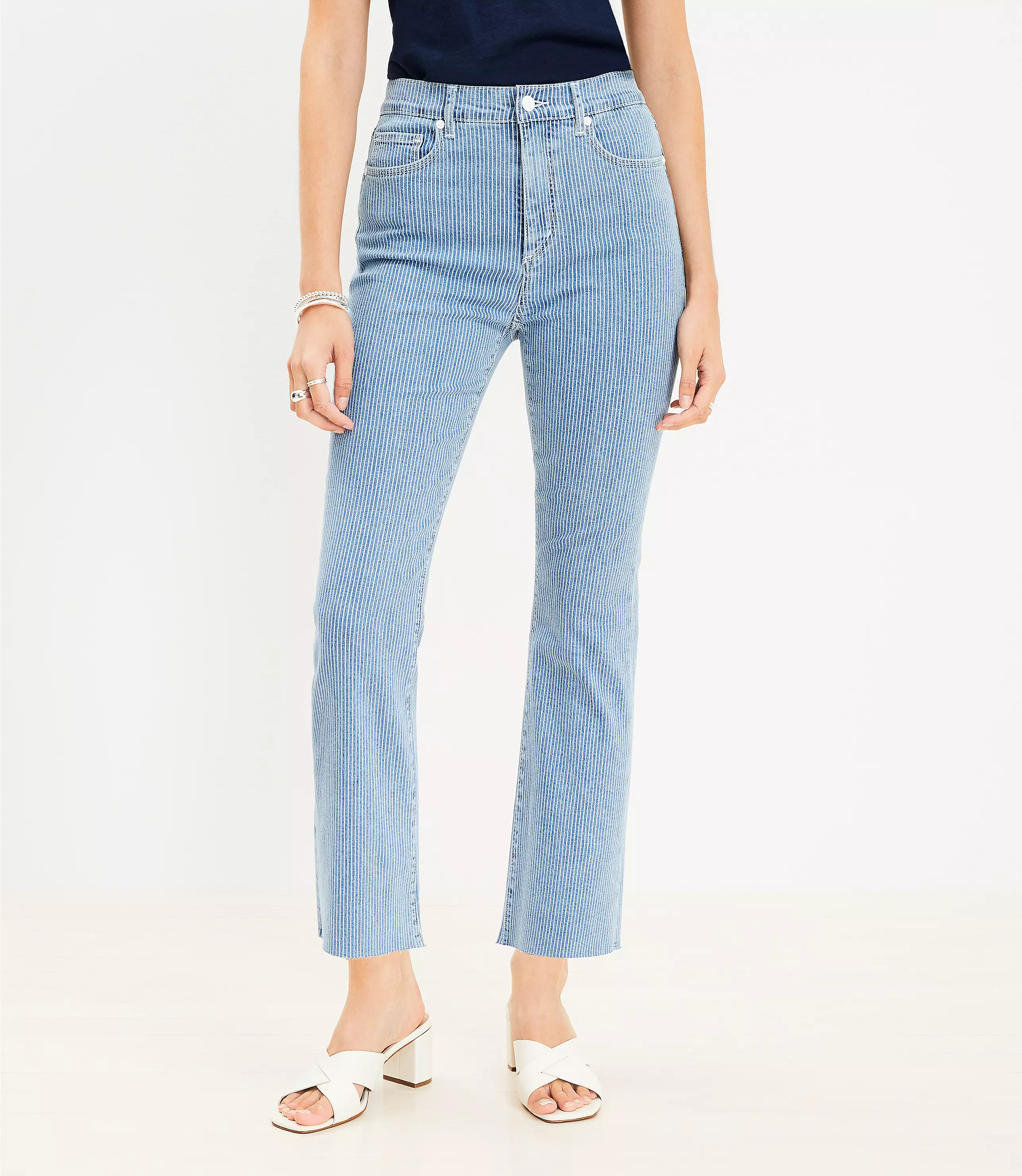 Fresh Cut High Rise Kick Crop Jeans in Navy Pinstripe | LOFT