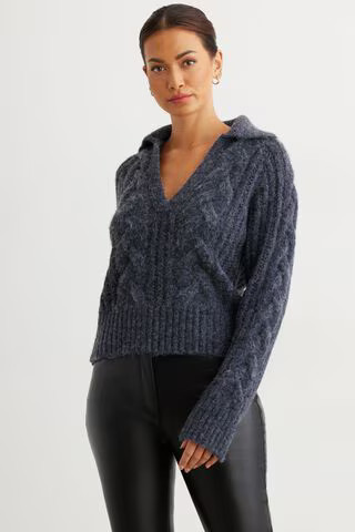 Cable Knit Deep V-Neck Polo Sweater | Dynamite Clothing