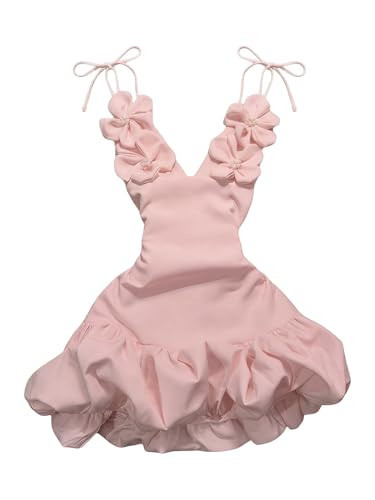 SOLY HUX Women's Summer Bubble Mini Dress 3D Floral Deep V Neck Tie Shoulder Spaghetti Strap A Line Party Going Out Dresses Light Pink X-Small | Amazon (US)