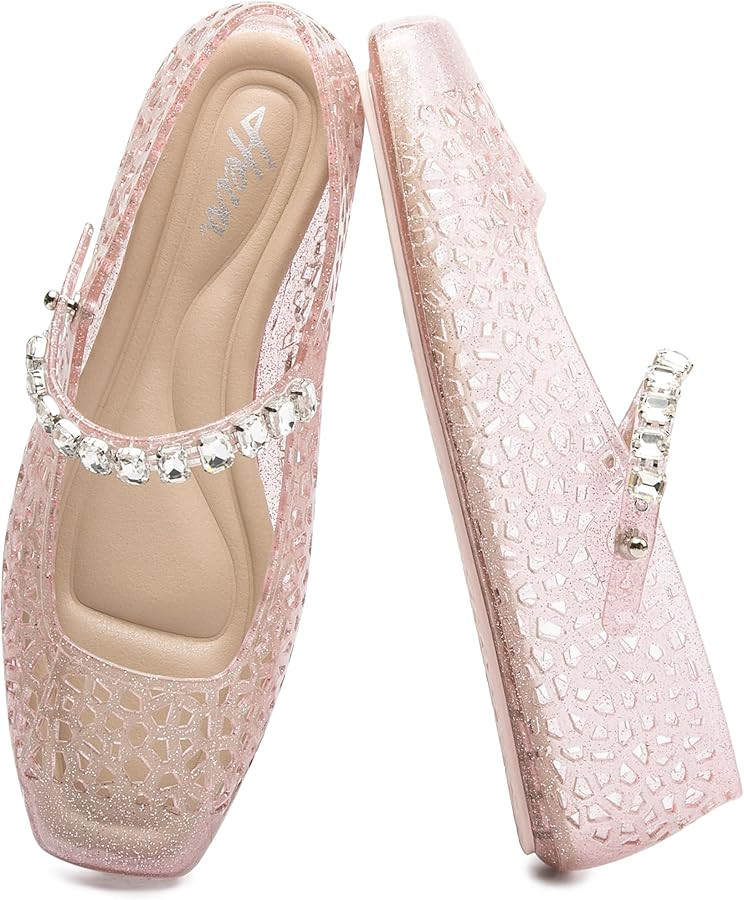 HEVA Women's Jelly Flat Sandals - Square Toe Breathable Mesh Flats - Sparkly Buckle Strap Casual ... | Amazon (US)