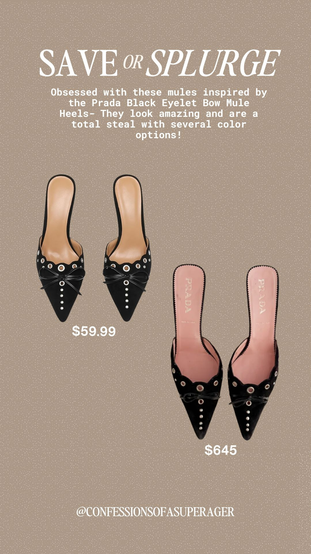 ✨Save or Splurge?✨ These chic black mules are giving major Prada vibes! Inspired by the Prada Black Eyelet Bow Mule Heels ($645), this $59.99 dupe is such a steal—and it even comes in multiple colors. Perfect for pairing with jeans, dresses, or tailored pants, these pointed-toe slip-on heels instantly elevate any outfit while keeping it budget-friendly. 🖤 

 #SaveOrSplurge #PradaMules #DesignerDupes #PradaDupe #LuxuryForLess #ChicOnABudget #AffordableStyle #FallShoes #ShoeDupes #ConfessionsOfASuperAger #LTKShoeEdit #DesignerInspired #LTKOver40 #LTKSaleAlert #LTKShoeCrush