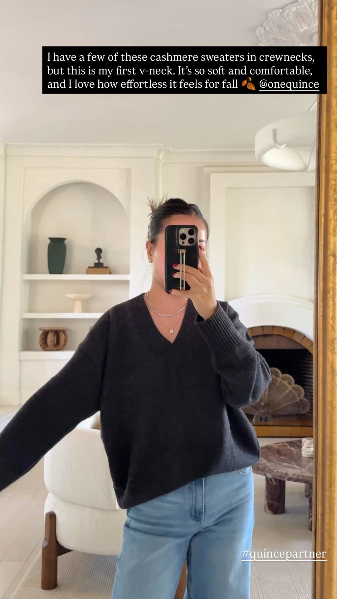 For size reference, I’m 5 ft 115 pounds and wearing the sizes below:

SWEATER: Affordable cashmere and I’m wearing a size XS. Great comfortable fit. 

JEANS: Stretchy but does not lose shape. Very comfortable for midsection/postpartum tummy! Flattering wide/straight leg shape. I’m wearing 26x30, color ‘Frosted Blue’. Length is great with sneakers and kitten heels.

SHOES: super comfortable and I find them all TTS.

@Quince  #quincepartner