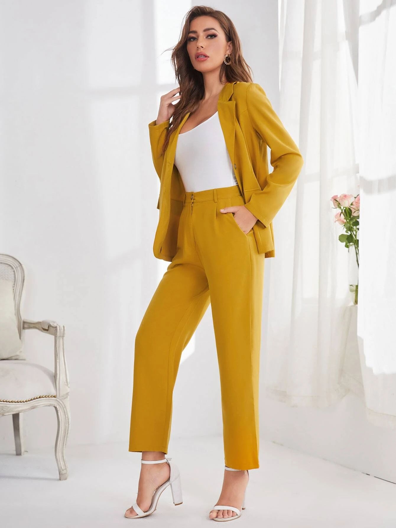 SHEIN BIZwear Solid Button Front Blazer & Tailored Pants Workwear | SHEIN