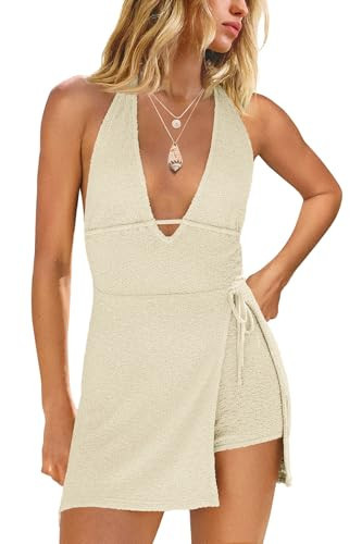 Yanekop Womens Romper Dress with Shorts Underneath Summer Short Jumpsuits Open Back Sexy Beach Vacation Dresses(Beige,M) | Amazon (US)