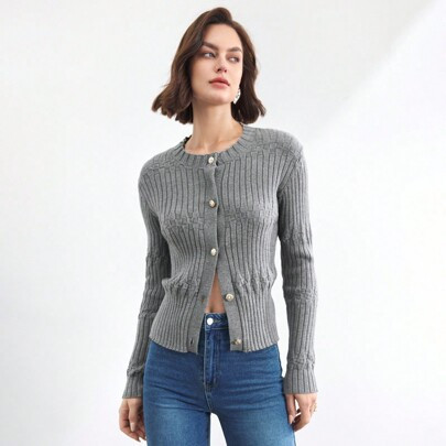 Grauer Strickjacke, Langarm Twist Muster Stricktop, elegante Büro- und Pendelmode, geeignet für Weihnachten, Neujahr, Frühling & Sommer | SHEIN