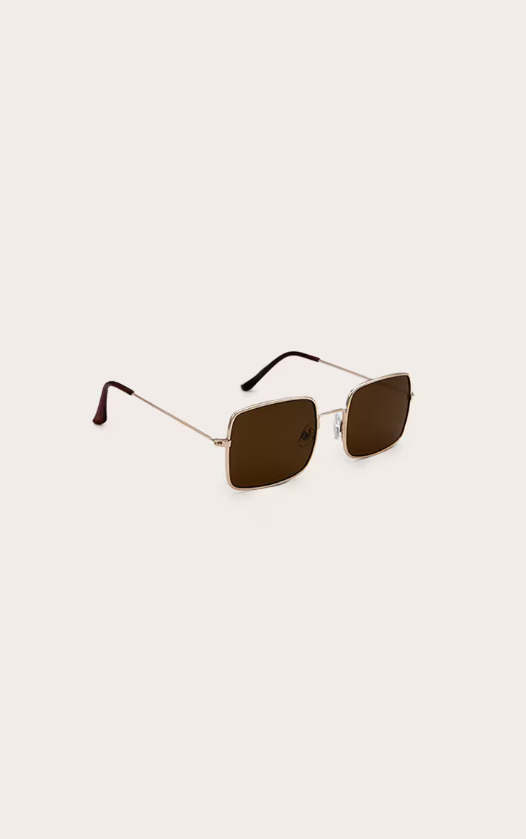 Gold Metal Frame Square Brown Lens Sunglasses | PrettyLittleThing UK