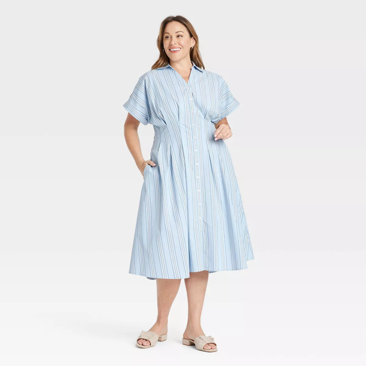 Women's Short Sleeve Pleated Midi Shirtdress - Ava & Viv™ | Target