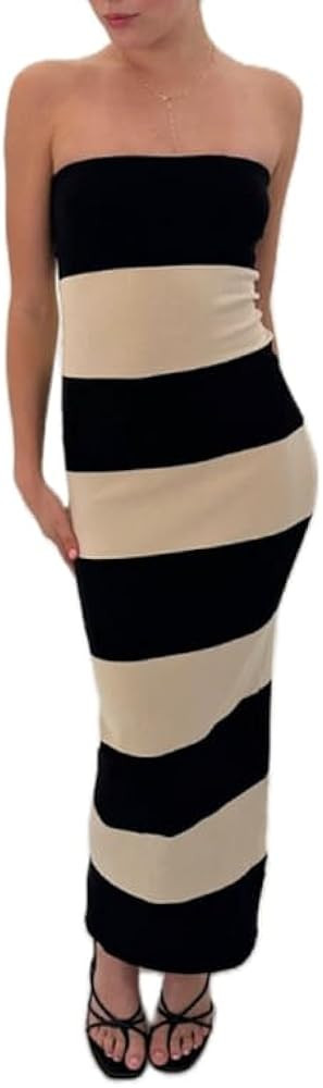 NUFIWI Women Stripe Knit Tube Maxi Dress Off Shoulder Ribbed Long Dress Strapless Color Block Sli... | Amazon (US)