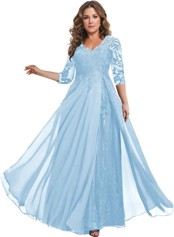 3/4 Sleeve Mother of The Bride Dresses for Wedding A Line V Neck Long Chiffon Lace Sequin Formal ... | Amazon (US)
