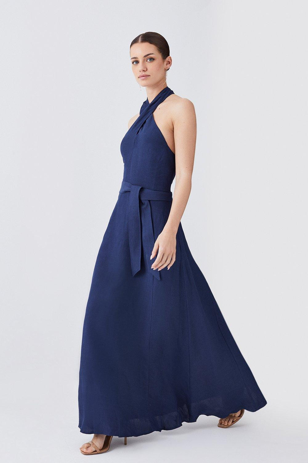 Lydia Millen Petite Linen Halter Neck Tie Waist Midi Dress | Karen Millen US