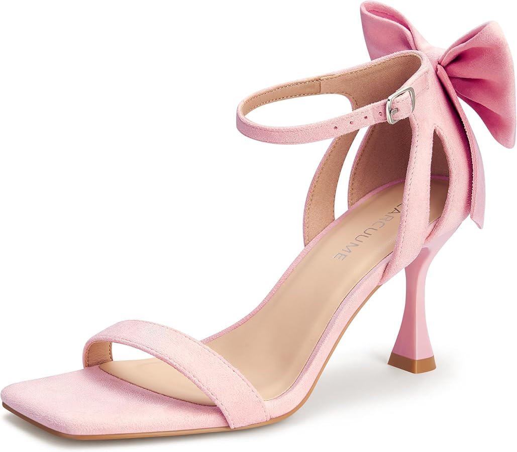 Carcuume Women's Square Toe Heels Bow Tie Ankle Strap Heel Sandals Open Toe Wedding Shoes | Amazon (US)