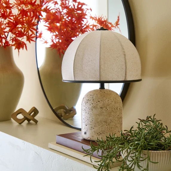 Better Homes & Gardens Rechargeable 14-Inch Stone Gourd Table Lamp with Fabric Dome Shade | Walmart (US)