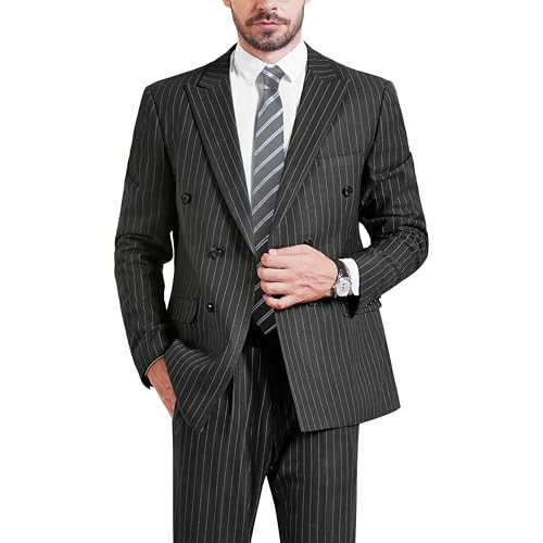 YND Men's 2 Piece Double-Breasted Suit, Slim Fit Stripe Tuxedo Set with Tie, Party Wedding Dress Blazer, Tux and Trousers, Black | Amazon (US)