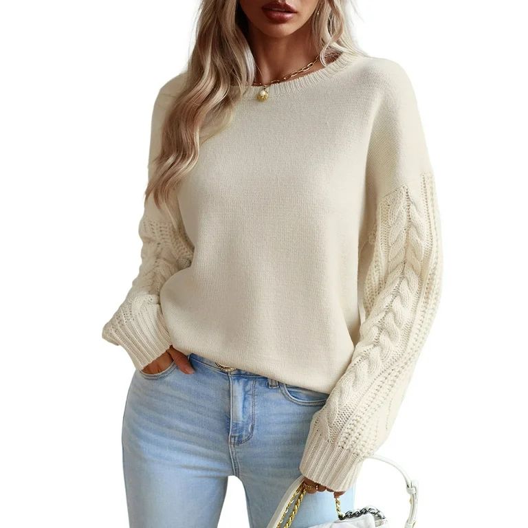 Loritta Womens Sweaters Solid Pullover Cable Knitted Long-Sleeve Chunky Crewneck Sweater | Walmart (US)