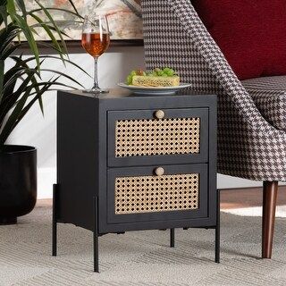 Rimba Mid-Century Modern Wood Nightstand with Rattan Accents-Black | Bed Bath & Beyond