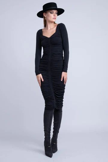 Long Sleeve Ruched Bodycon Dress - Black | Rachel Parcell