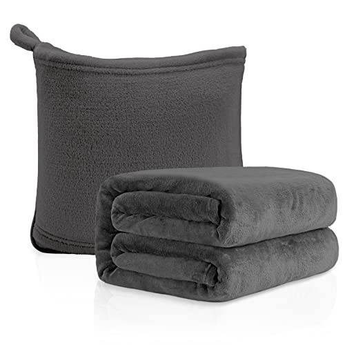 MACEVIA Travel Blanket Pillow Soft Blanket for Airplane Travel Essential Lightweight Comfort 2 in 1 Throw Blanket for Train Car Camping Office with Luggage Backpack Strap - Gray | Amazon (US)