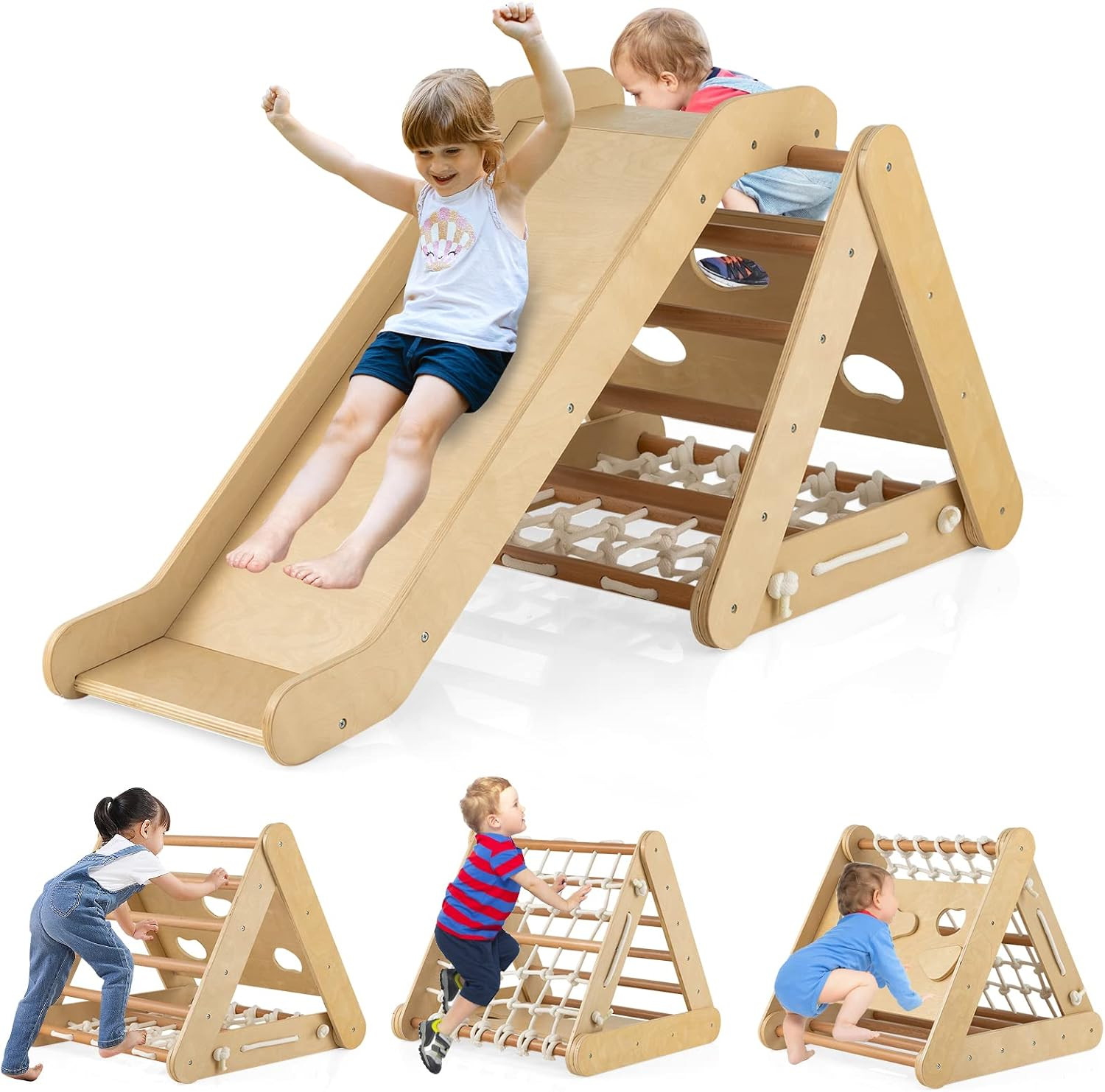 HONEY JOY 4-in-1 Triangle Climber with Ramp, 3-Side Kids Climbing Triangle Ladder with Net Rope & Bars, Wooden Montessori Climbing Toys for Toddlers Daycare, Gym & Playground, Gift for Kids, Patented | Amazon (US)