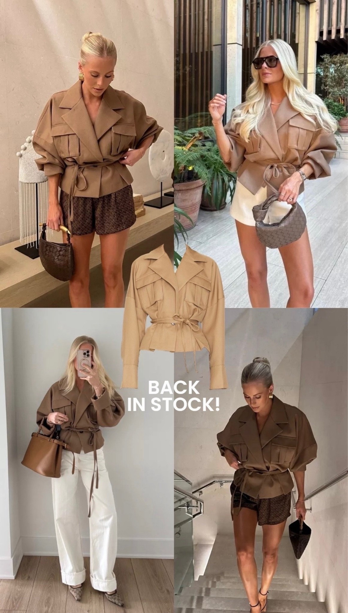 Jacket back in stock!! I’m in a size small! 

Top left - small in shorts, 1/2 size up in shoes
Top right - 4 in shorts, shoes tts
Bottom left - 26 in jeans, shoes tts
Bottom right - small in shorts, 1/2 size up in shoes

#LTKootd #LTKSeasonal
