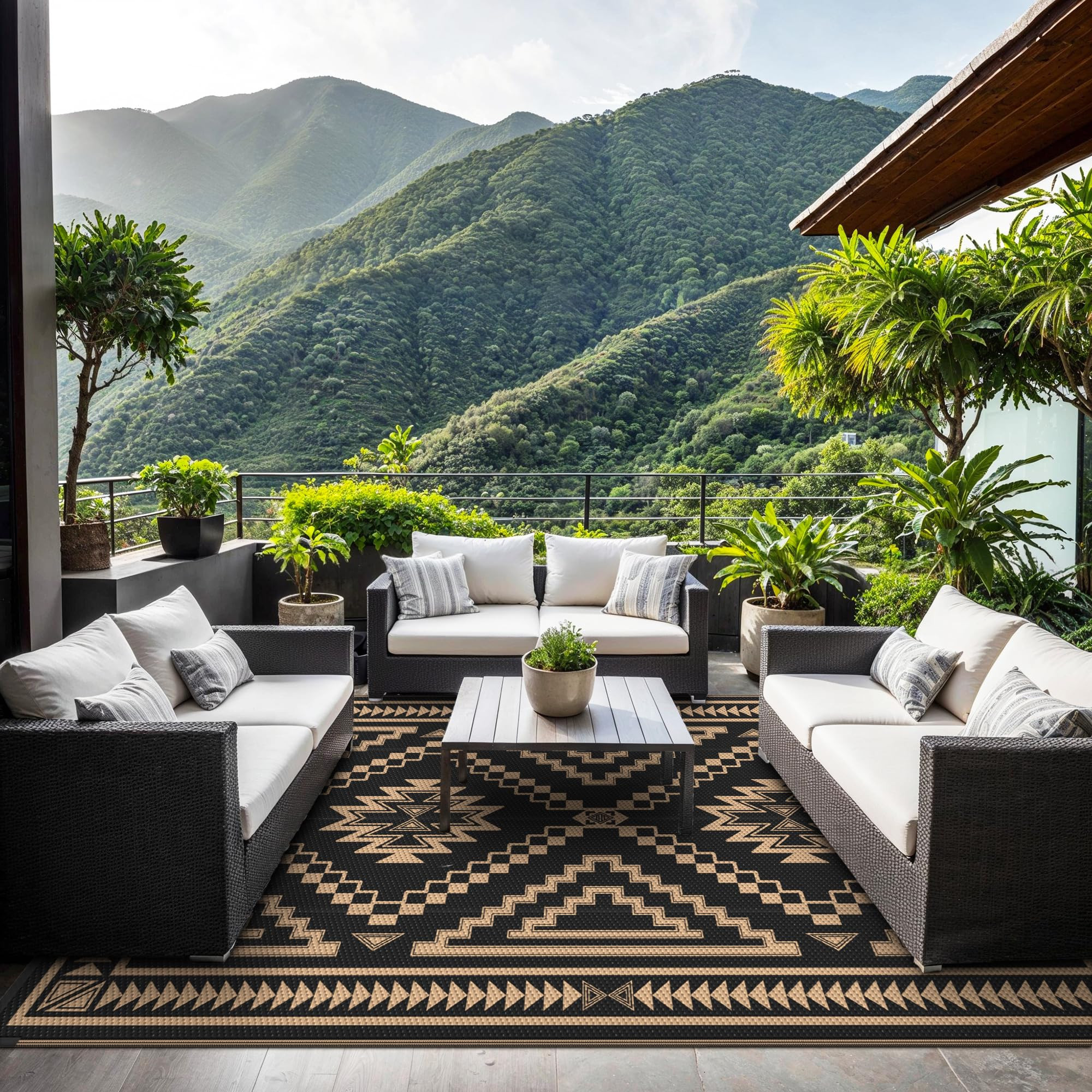 GENIMO Outdoor Rug for Patio Clearance - 8x10 ft Waterproof Plastic Camping Rugs, Reversible Outside Rv Mat Carpet for Porch, Deck, Picnic, Balcony, Beach, Backyard, Black Brown | Amazon (US)