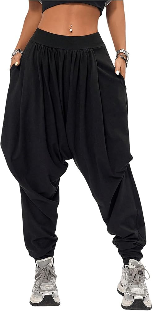 Verdusa Women's Hippie Baggy Harem Pants Elastic Waist Drop Crotch Trousers with Pockets | Amazon (US)
