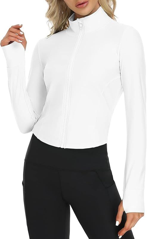 Women's Workout Jacket Long Sleeve Rash Guard Full Zip Track Lightweight Crop Top with Thumb Hole... | Amazon (US)