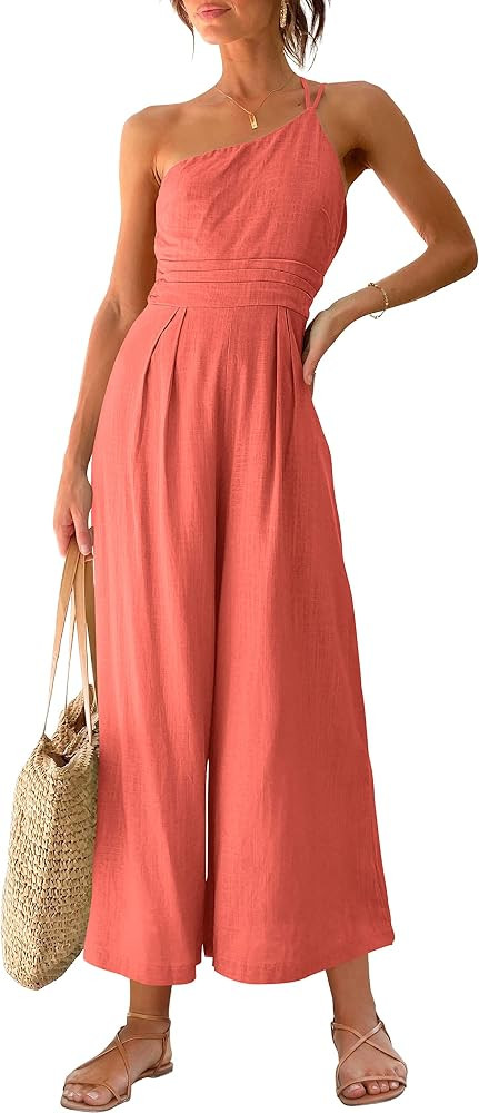 ANRABESS Women's Summer Straps One Shoulder High Waist Dressy Casual Wide Leg Linen Jumpsuit Romp... | Amazon (US)