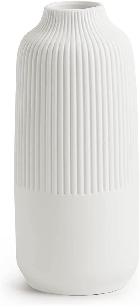 White Ceramic Vase Decorative Minimalist Modern Ribbed Vases 10" Tall for Pampas Grass, Home Acce... | Amazon (US)