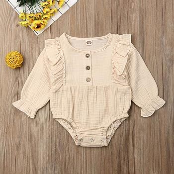 Newborn Baby Girl Romper Long Sleeve Floral Jumpsuit Cotton Linen Bodysuit Solid Fall Winter Clot... | Amazon (US)