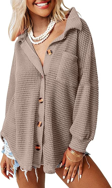 AUTOMET Womens Shackets Waffle Knit Casual Jackets Button Down Flannel Shirts Trendy Tops Fall Cl... | Amazon (US)