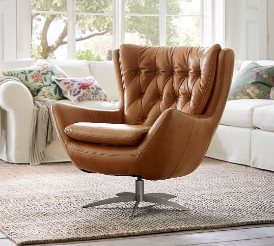 Wells Leather Tufted Swivel Armchair | Pottery Barn (US)