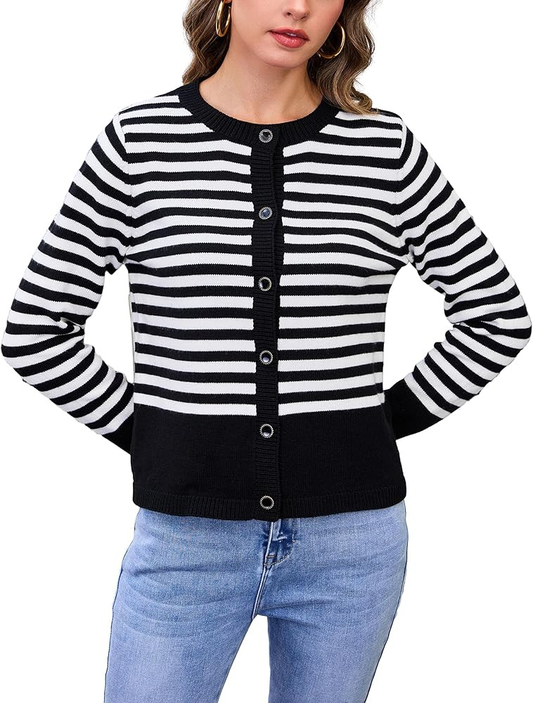 BMJL Women's Striped Cardigan Sweaters Lightweight Cropped Long Sleeve Tops Button Down 2024 Fall... | Amazon (US)