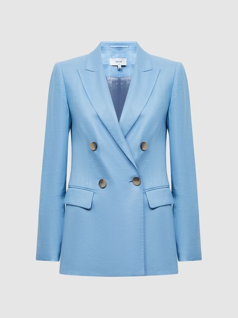 Reiss Blue Hollie Double Breasted Linen Blazer | Reiss UK