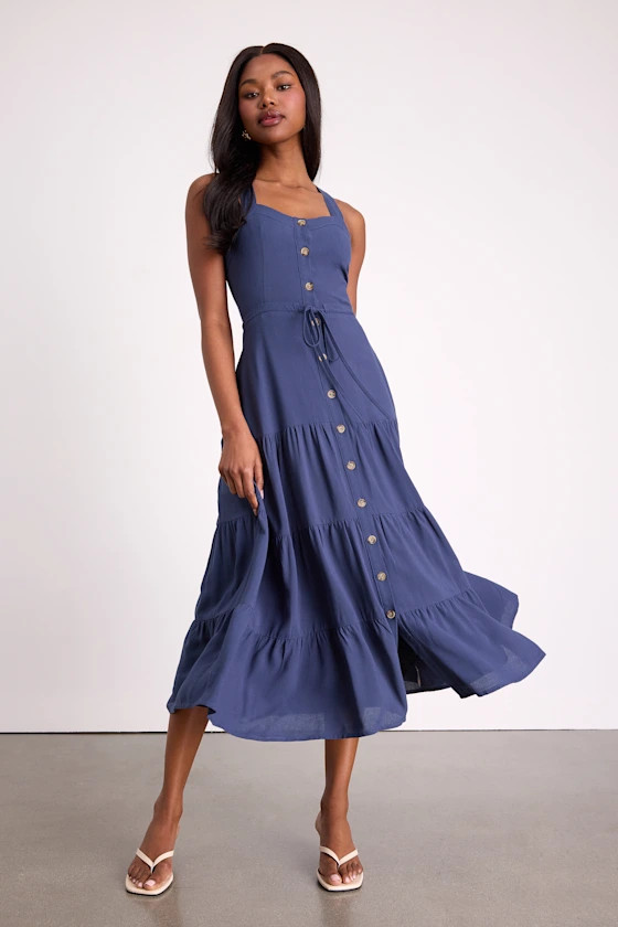 See the City Blue Button-Front Tiered Midi Dress | vacation looks | vacation wear | Lulus