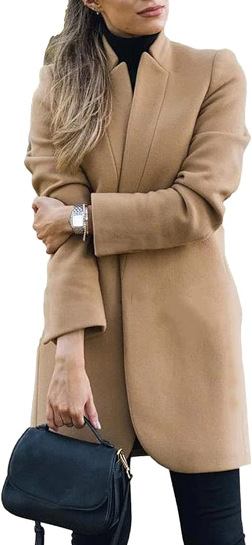 Omoone Women's Basic Stand Collar Slim Fit Jacket Pea Coat Notched Lapel Trench Coat | Amazon (US)