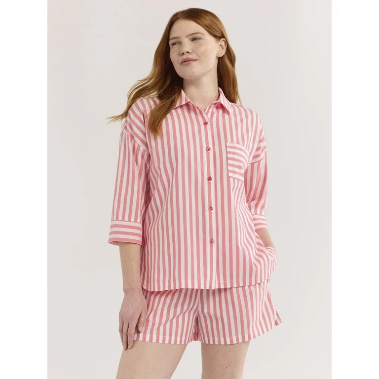 Joyspun Women’s Woven ¾ Sleeve Notch Collar Top and Boxer Shorts Pajama Set, Sizes XS-3X | Walmart (US)