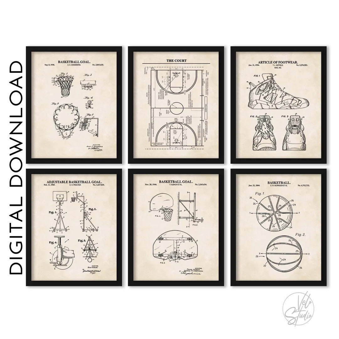 Basketball Wall Art Set | Basketball, Basketball Hoop, Court, Shoe, Adjustable Hoop and Net Paten... | Etsy (US)