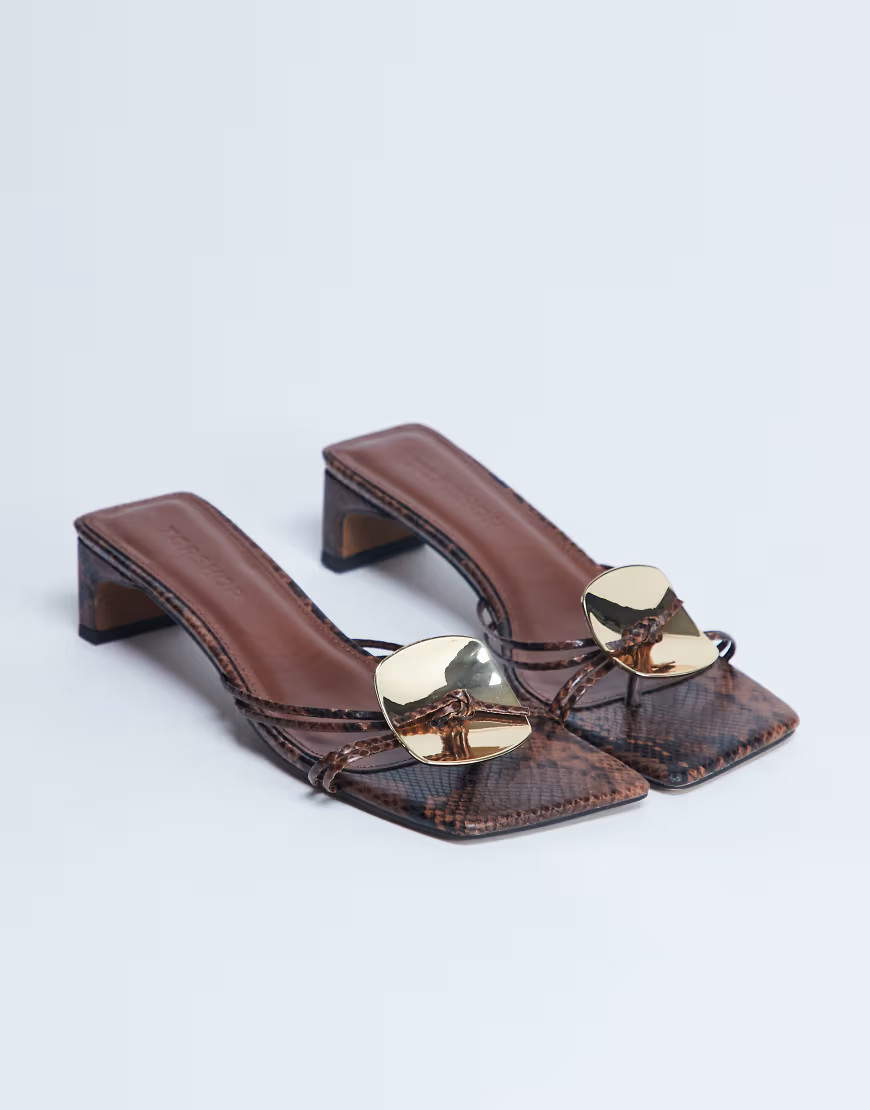 Topshop Ilaria kitten heeled sandal with metal trim in snake-White | ASOS (Global)