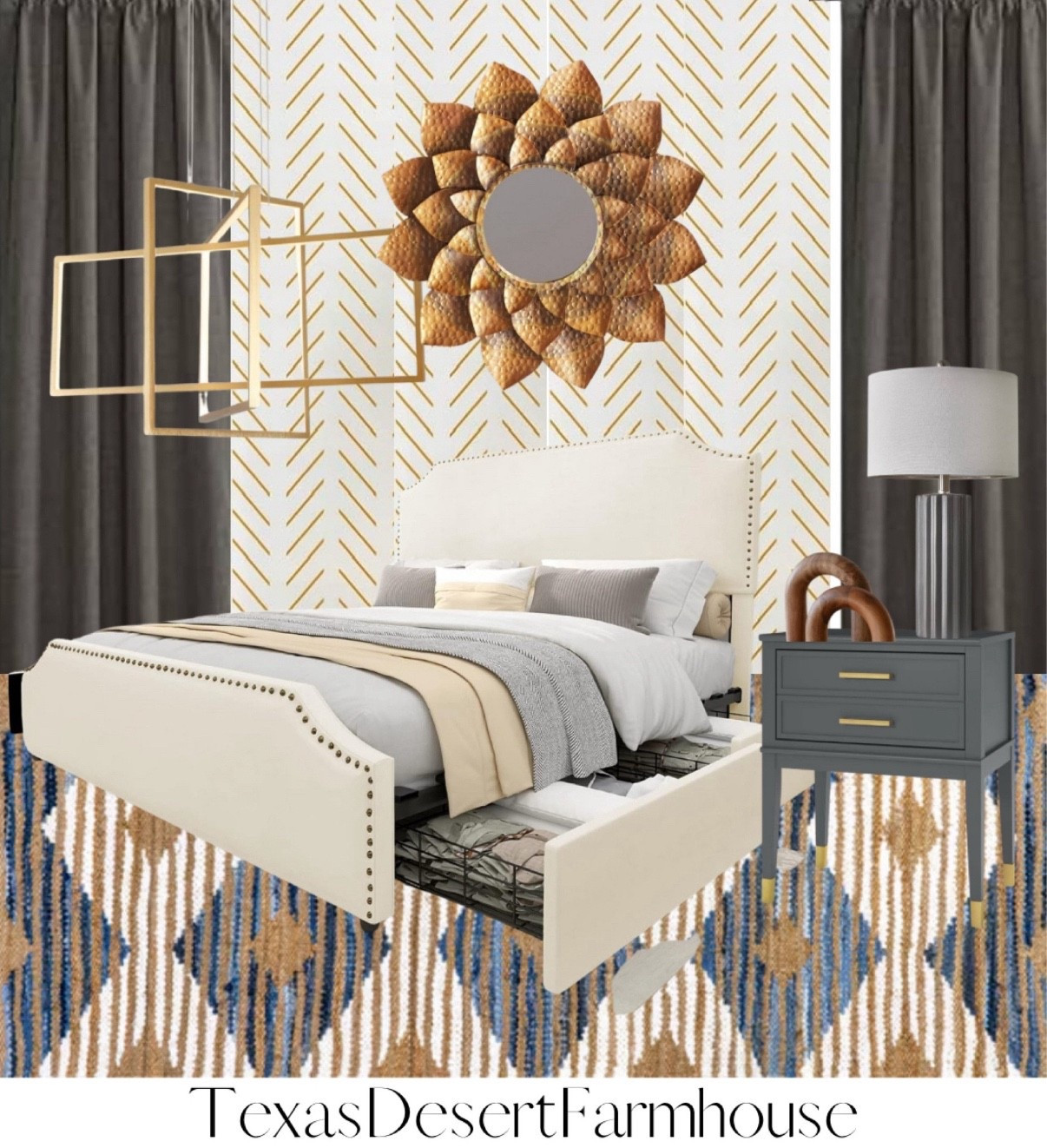 Gray & Gold Bedroom Decor

AMERLIFE Queen Size Bed Frame with 4 Storage Drawers and Headboard, Queen Velvet Upholstered Platform Bed with Rivet Curved Adjustable Headboard/Strong Wooden Slats/Easy Assembly/Cream

Off White Hand Braided Denim And Jute Striped Diamonds 8' 6" x 11' 6" Area Rug

Westerleigh 1-Drawer Nightstand

Oneach 25'' Farmhouse Ceramic Table Lamp Set of 2 for Bedroom Living Room House Decor Deep Charcoal Grey Desk Lamps Home Office Dorm Rustic Modern Style Lamp

Peakoly Wood Arch Bookshelf Decor - Shelf Decor Accents, Coffee Table Decor Items, Modern Home Decor, Entryway Decor, Decorative Objects, Coffee Table Decorations Living Room, Desk Decor Aesthetic

Vollmer Dimmable LED Square / Rectangle Chandelier 3-light

StangH 100% Blackout Grey Linen Curtains for Bedroom, Back Tab Burlap Textured Window Treatment Privacy Noise Reducing Panels for Living Room, Charcoal Grey, W52xL84, 2 Panels

Orainege Yellow and White Peel and Stick Wallpaper Yellow Contact Paper 17.7inchx196.8inch Herringbone Geometric Wall Paper Peel and Stick Modern Lines Decorative Self Adhesive Wallpaper for Bedroom

Tov Furniture Leaf Antique Gold Metal Wall Mirror

#bedroomdecor #arearug #diamondrug #graycurtains #graynightstand #goldchandelier #bedframe #upholsteredbedframe #upholsteredbed #graytablelamp #tablelamp #mirrorart #decorativemirror #tabledecor

#LTKstyletip #LTKhome #LTKfamily

#LTKGiftGuide #LTKWedding #LTKHome