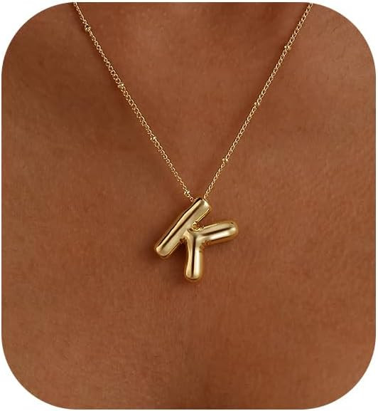 Bubble Letter Necklace for Women, 14k Gold Plated Balloon Initial Necklace Chunky Pendant Necklac... | Amazon (US)